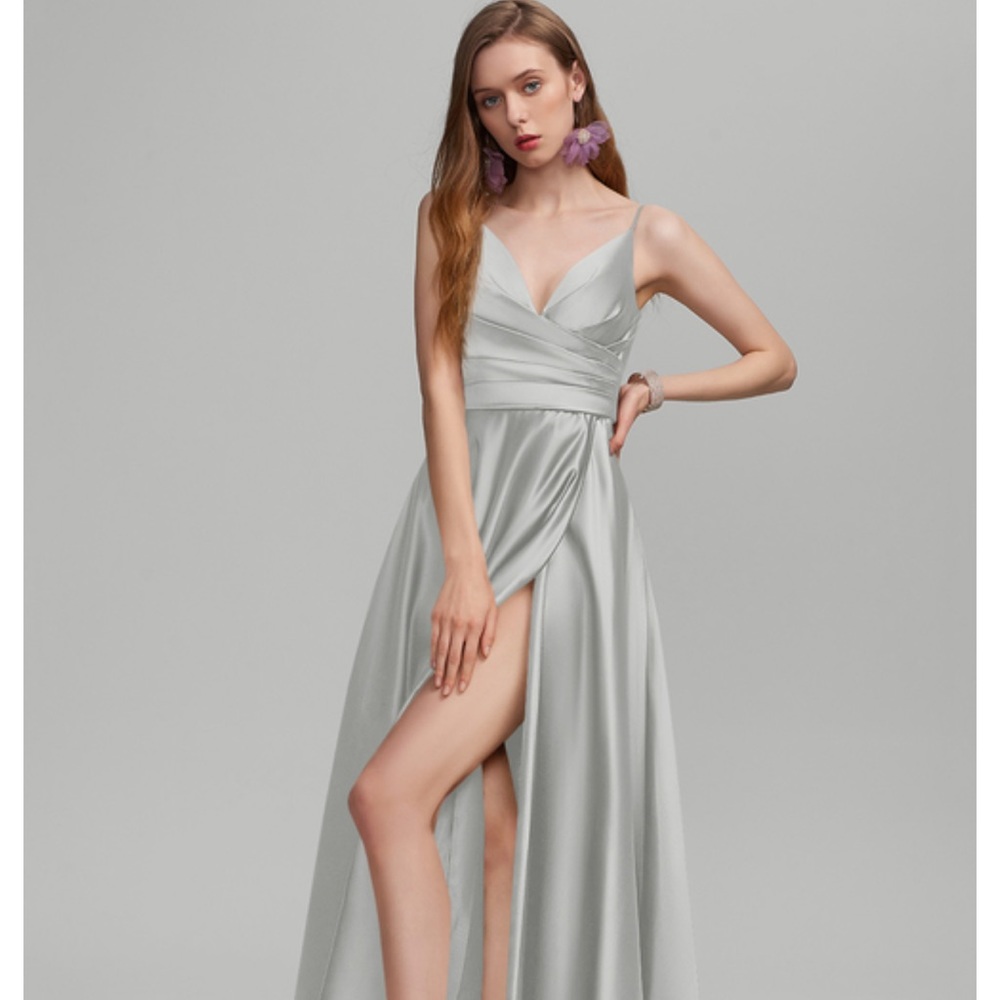 Worn Once: Floor-Length Satin Bridesmaid Dress With Ruffle Split Front